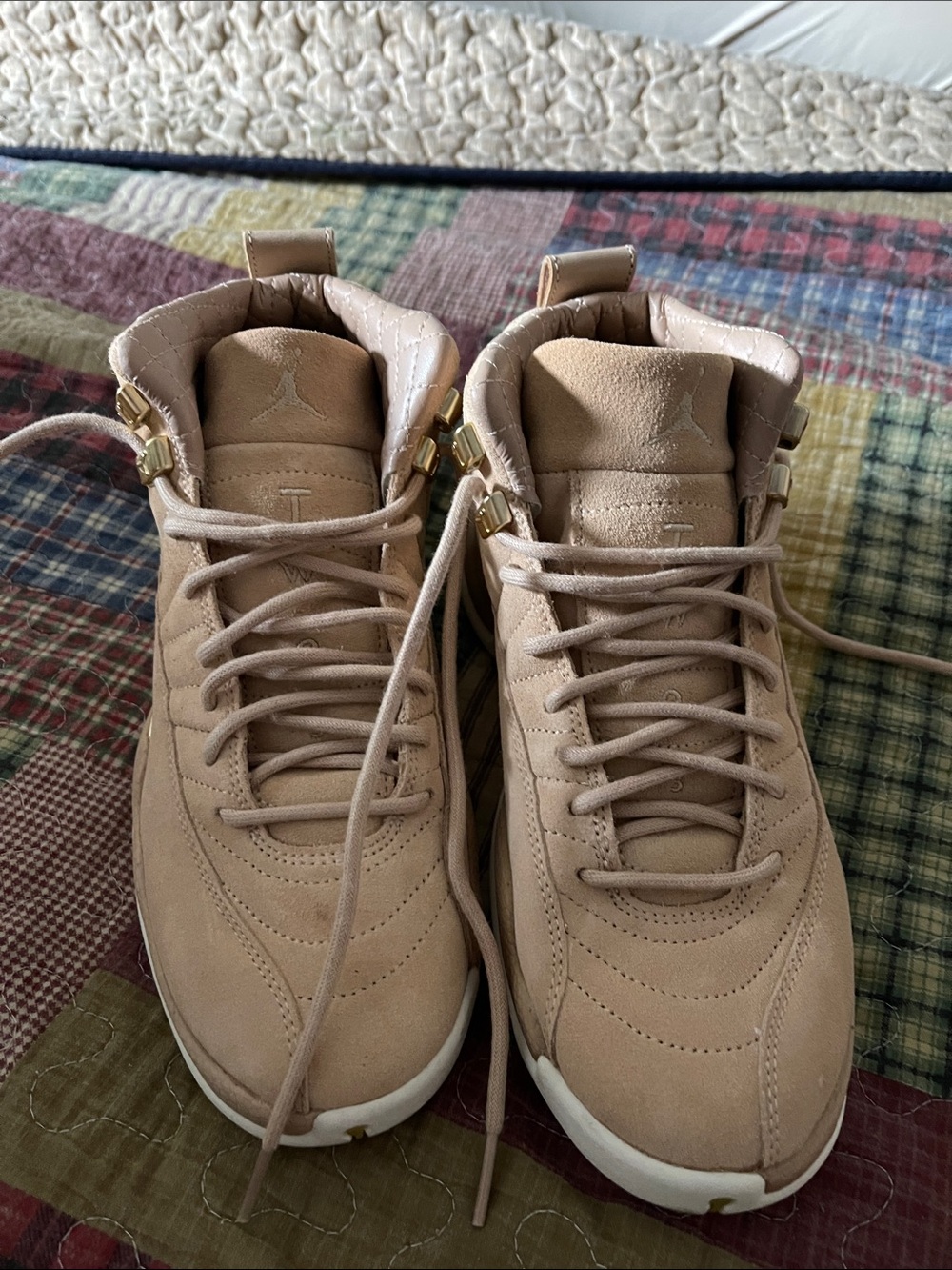Jordan Men’s High-Top Sneakers in Beige Suede with Gold Accents